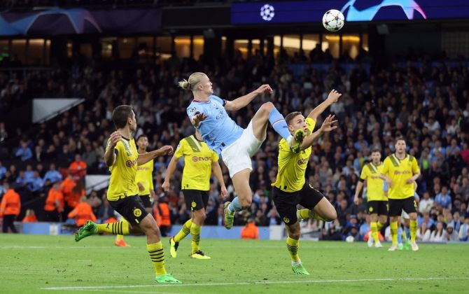 Erling Braut Haaland scores Manchester City's second goal  during the Champions League Group G match against Borussia Dortmund, at Etihad Stadium, Manchester, on Wednesday.