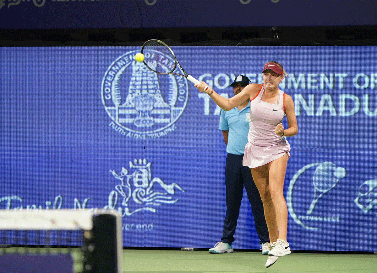 Linda Fruhvirtova in action during the Chennai Open WTA semi-final on Sunday