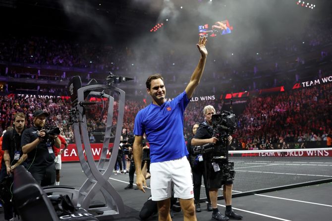 Roger Federer shows emotion as he acknowledges the applause from the crowd.