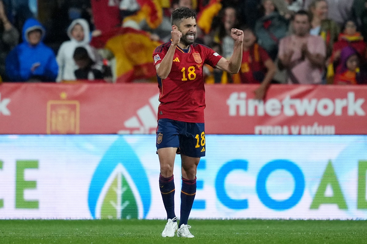 Jordi Alba celebrates after drawing Spain level.