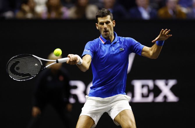 Team Europe's Novak Djokovic in action against Team World's Frances Tiafoe during the Laver Cup, at 02 Arena, in London, on Saturday.