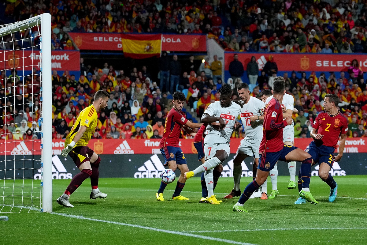 Breel Embolo scores Switzerland's second goal during the Nations League A Group 2 match against Spain at La Romareda in Zaragoza, Spain.