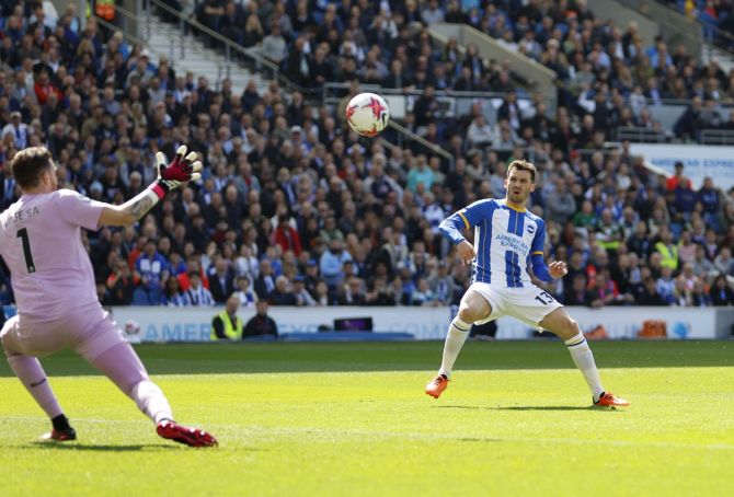 Pascal Gross scores Brighton & Hove Albion's second goal during the Premier League match against Wolverhampton Wanderers, at the American Express Community Stadium, Brighton, on Saturday.