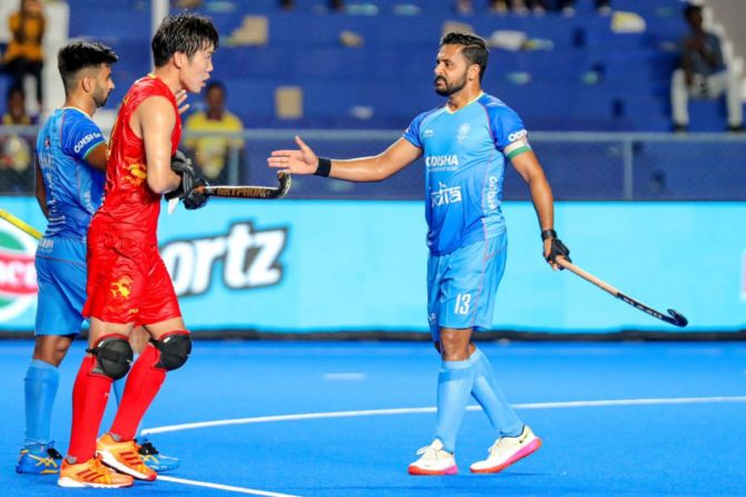 India's Harmanpreet Singh celebrates after converting a penalty corner in the 5th minute of the match against China in the Asian Champions Trophy hockey tournament in Chennai on Thursday