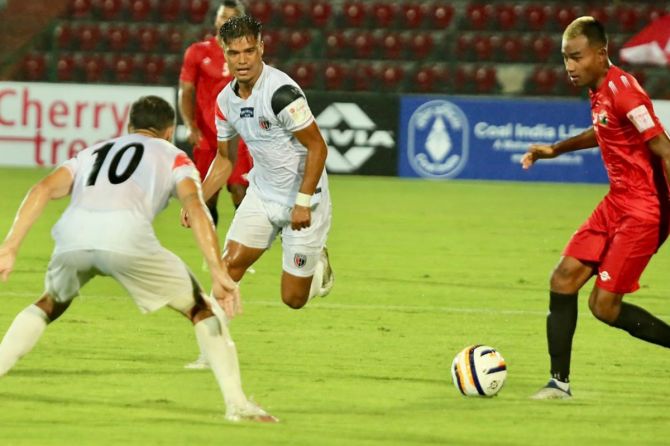 Action from the Durand Cup match between NorthEast United FC and Shillong Lajong in Guwahati on Friday