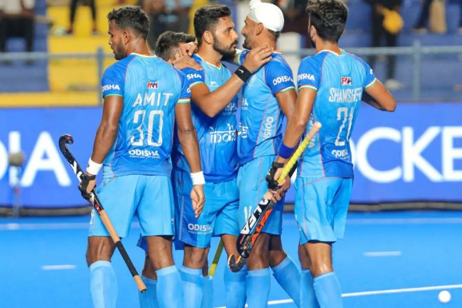 India players celebrate a goal against Korea