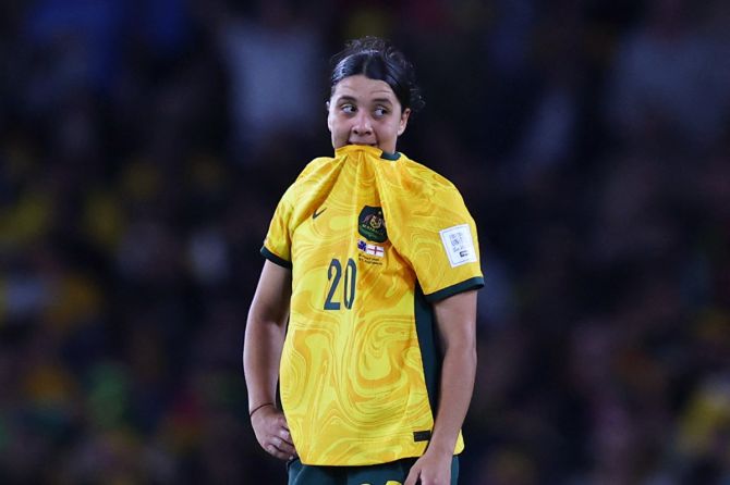 Australia's Sam Kerr looks dejected after England's Alessia Russo scores their third goal 