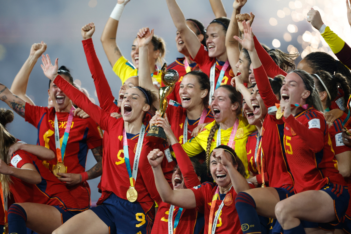 Spain players celebrate with the trophy after winning the World Cup on Sunday.  According to FIFA, broadcasters from Britain, Spain, France, Germany and Italy offered only $1 million to $10 million for the right to show World Cup games. That compared with the $100 million to $200 million paid for the men's tournament.