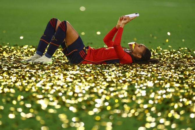 Spain's Salma Paralluelo celebrates after winning the World Cup on Sunday. Carlota Planas, a Spain-based women's' football agent representing several World Cup players, argued that the women's game now offers the values of tenacity, resilience and togetherness, which can appeal to advertisers.