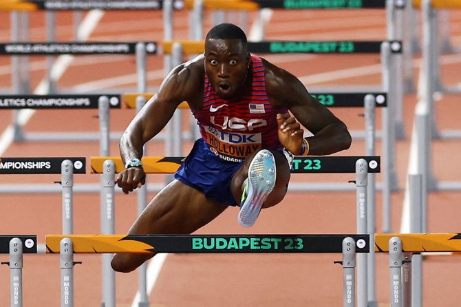 Grant Holloway of the US in action during heat 2 of the Men's 110m Hurdles Semi Finals at the World Athletic Championships