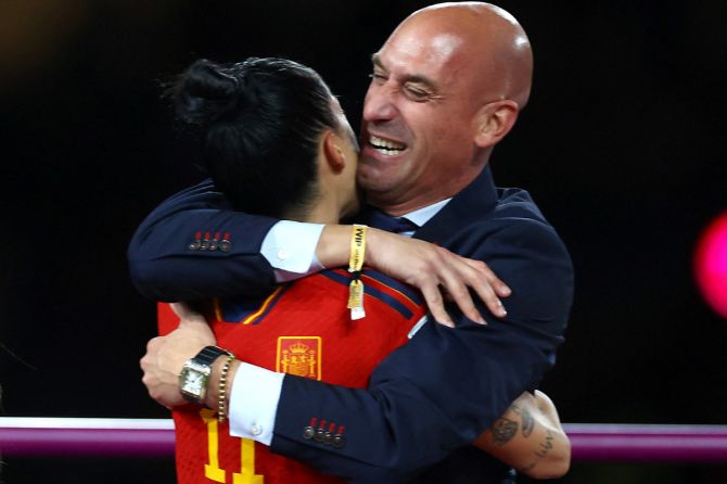 Luis Rubiales planted a kiss on Spanish national player Jenni Hermoso's lips as Rubiales cupped her face with his hands in post-game celebrations on Sunday