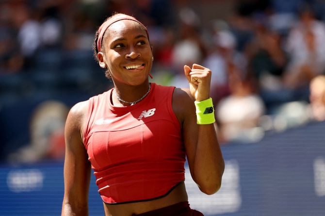 Coco Gauff of the United States celebrates winning her second round match against Russia's Mirra Andreeva.