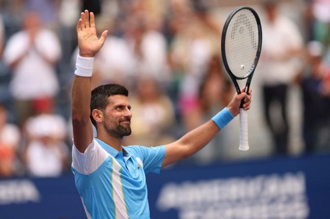 Serbia's Novak Djokovic celebrates winning his US Open second round match against Spain's Bernabe Zapata Miralles at Flushing Meadows, New York, on Wednesday.
