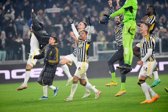 Juventus players celebrate their win over Napoli at Allianz Stadium, Turin, Italy, on Friday 