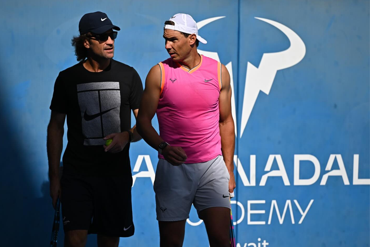 Rafael Nadal with coach Carlos Moya at training. Nadal will return at Brisbane this month before playing in the January 14-28 Australian Open where he won two of his 22 Grand Slam titles.