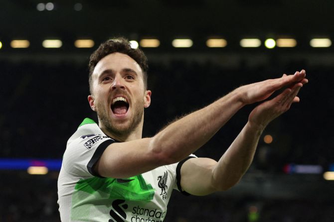 Liverpool's Diogo Jota celebrates scoring their second goal against Burnley during their match on December 26. Jota returned from injury for the Premier League match.