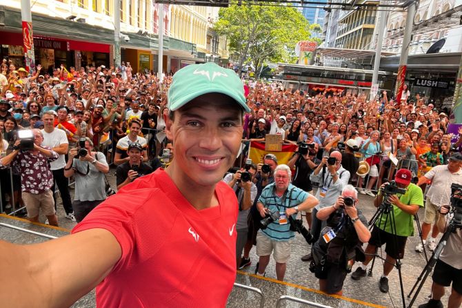 Rafael Nadal takes a selfie with fans and media in Brisbane on Thursday, December 28