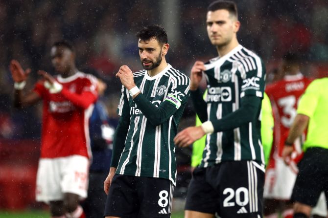 Manchester United's Bruno Fernandes looks dejected after the match against Nottingham Forest  at The City Ground, Nottingham