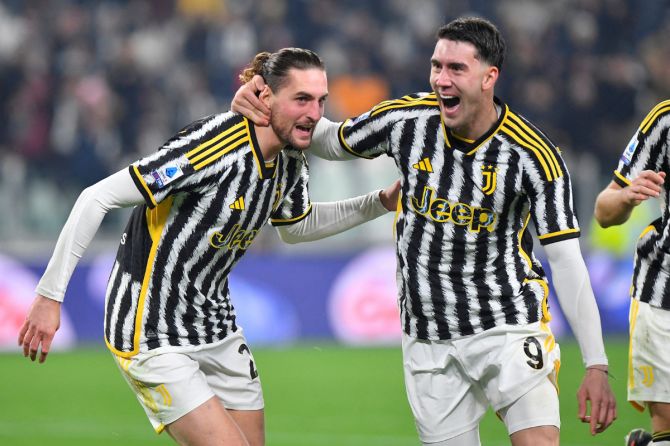 Juventus' Adrien Rabiot celebrates scoring their first goal with Dusan Vlahovic during their Serie A match at the Allianz Stadium, Turin 