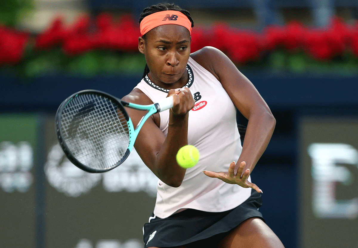 American Coco Gauff in action during her Dubai Tennis Championships quarter-final against compatriot Madison Keys on Thursday