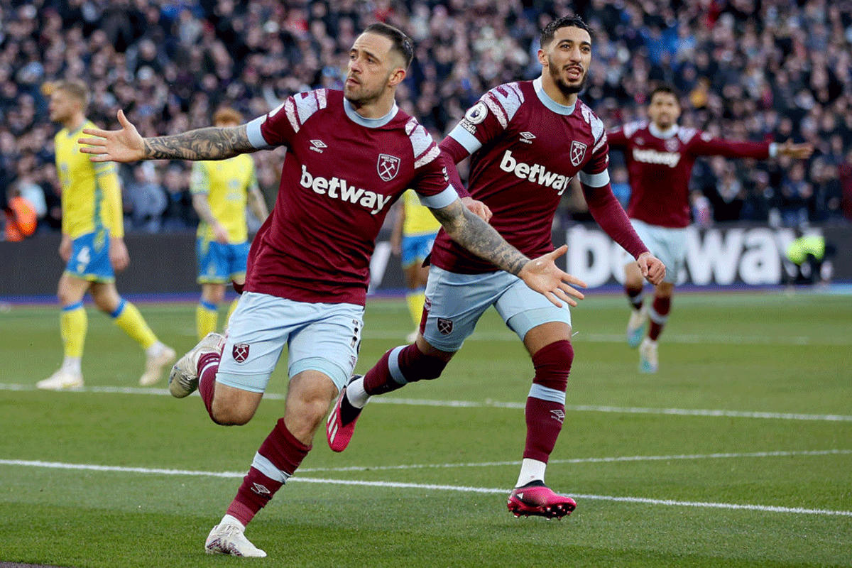 West Ham United's Danny Ings celebrates after scoring against Nottingham Forest at London Stadium in London