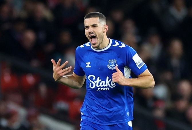 Conor Coady celebrates putting Everton on level terms in the match.