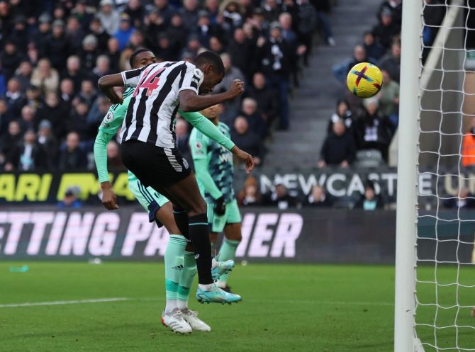 Alexander Isak heads the ball into goal to earn Newcastle United victory over Fulham, at St James' Park, Newcastle.