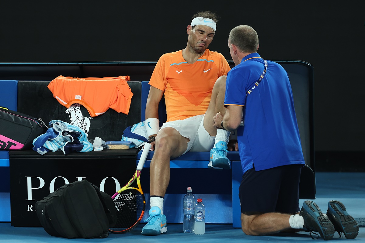 Rafael Nadal receives attention during a medical time-out in his second round match against Mackenzie McDonald of the United States on Wednesday, Day 3 of the Australian Open at Melbourne Park .