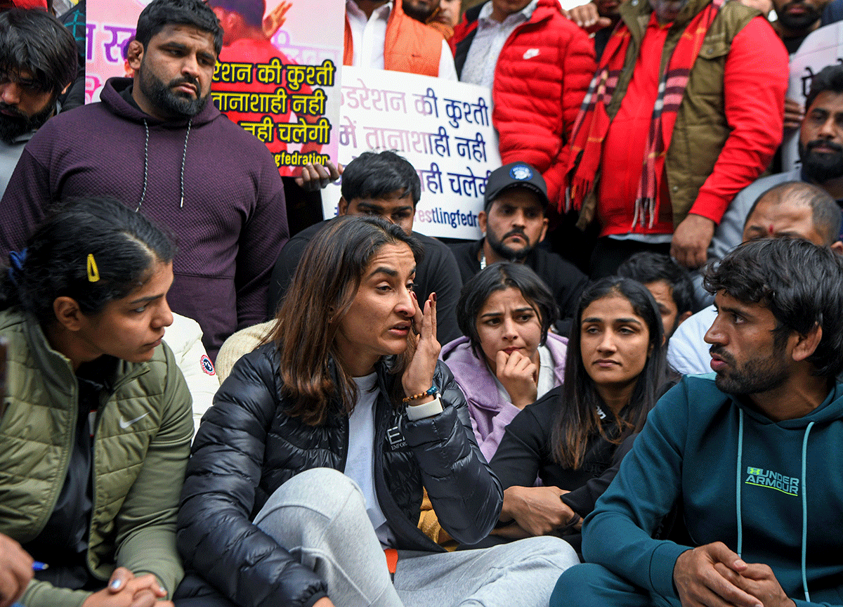 Wrestler Vinesh Phogat breaks down during a protest against WFI chief in New Delhi on Wednesday