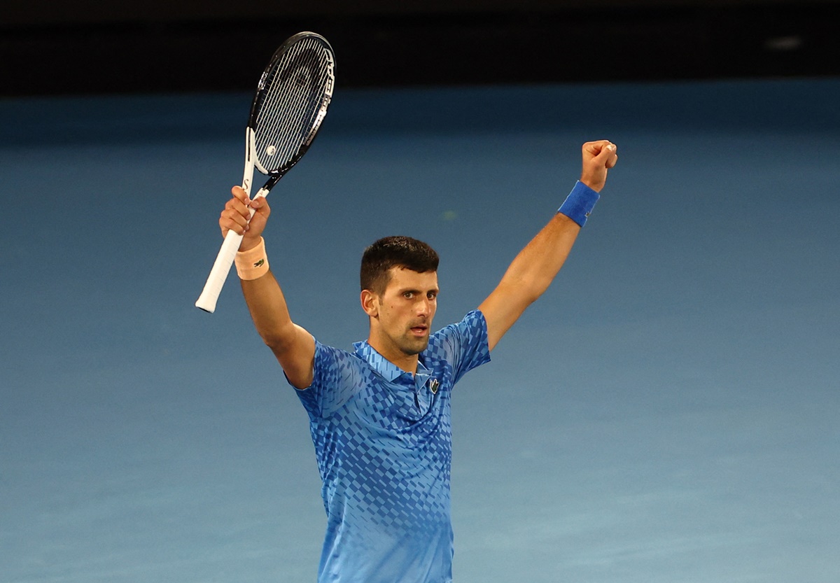 Serbia's Novak Djokovic celebrates winning his third round match against Bulgaria's Grigor Dimitrov on Saturday, Day 6 of the 2023 Australian Open, at Melbourne Park.