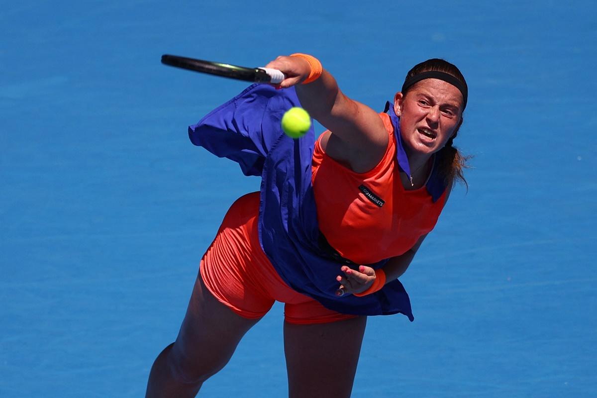 Latvia's Jelena Ostapenko in action during her fourth round match against Coco Gauff.