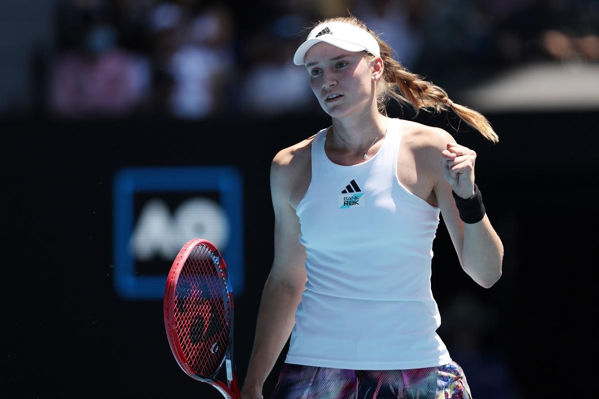 Kazakhstan's Elena Rybakina celebrates match-point during her fourth round women's singles match against Poland's Iga Swiatek at the Australian Open on Sunday.