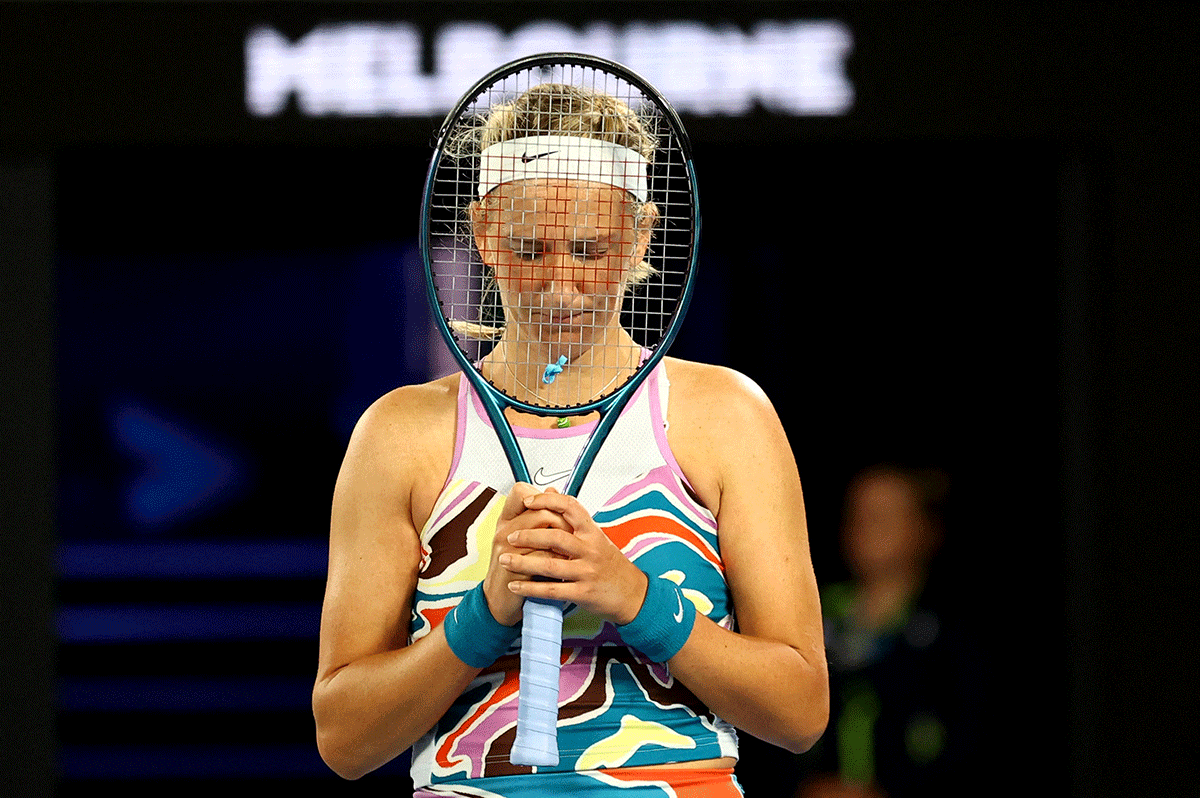 Belarus’ Victoria Azarenka reacts during her semi-final against Kazakhstan’s Elena Rybakina 