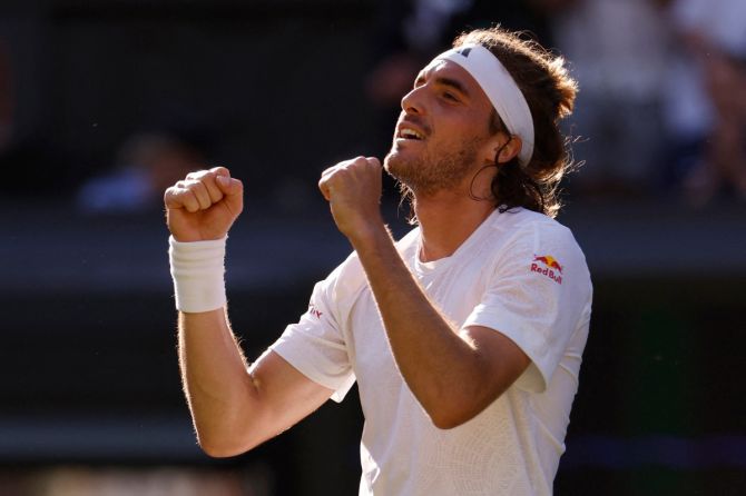 Greece’s Stefanos Tsitsipas celebrates winning his second round match against Britain’s Andy Murray 