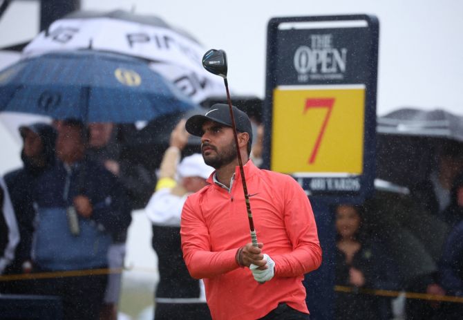 India's Shubhankar Sharma tees off on the 7th hole during the third round of the 151st British Open Championship, at Royal Liverpool, Hoylake, on Saturday. 