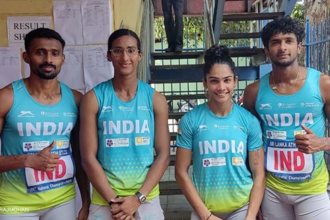 On Sunday, the Indian mixed 4x400m relay quartet of Amoj Jacob, Aishwarya Mishra, Muhammed Anas and Himanshi Malik failed to better their season's best timing of 3 minute and 14.70 second though they won the race to bag gold at the Sri Lankan National Championships.