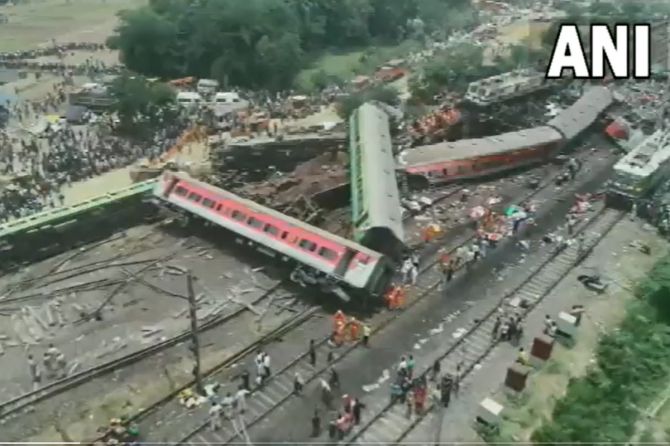 An aerial view of the triple train crash in Odisha's Balasore district