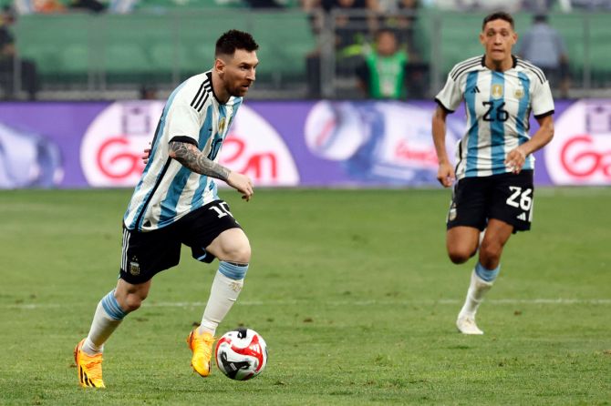 Argentina's Lionel Messi in action during the international friendly against Australia at Workers' Stadium, Beijing, China, on Thursday