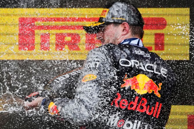Red Bull's Max Verstappen celebrates on the podium after winning the Canadian F1 Grand Prix at Circuit Gilles Villeneuve in Montreal, Canada, on Sunday 