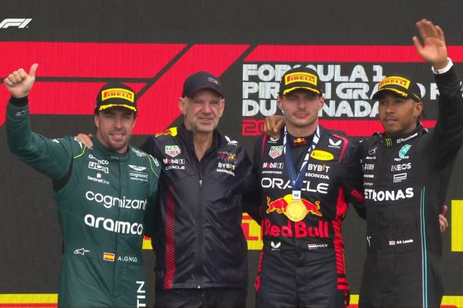 Fernando Alonso, Max Verstappen and Lewis Hamilton on the podium after the race