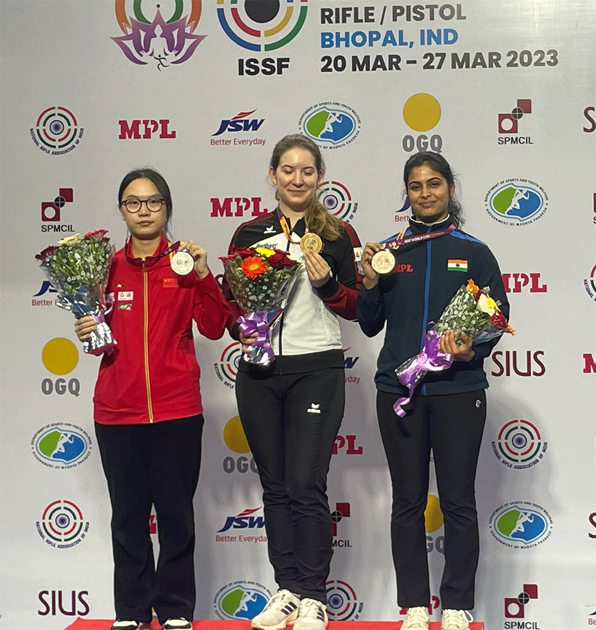 Germany's Doreen Veenekamp claimed gold, China's Du Ziyue won silver and India's Manu Bhaker bagged bronze in the women’s 25m Pistol event at the ISSF World Cup in Bhopal on Saturday