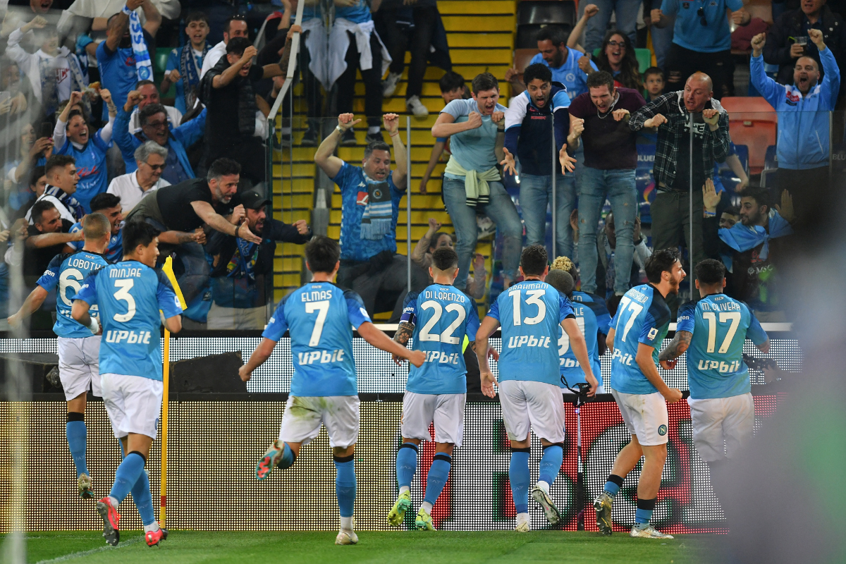 Napoli's Victor Osimhen celebrates with teammates after scoring against Udinese at Dacia Arena in Udene, Italy,  on Thursday 