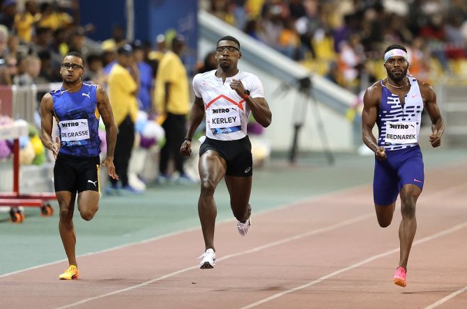 Canada's Andre de Grasse, Fred Kerley of the United States and Kenneth Bednarek of the United States during the men's 200 metres.
