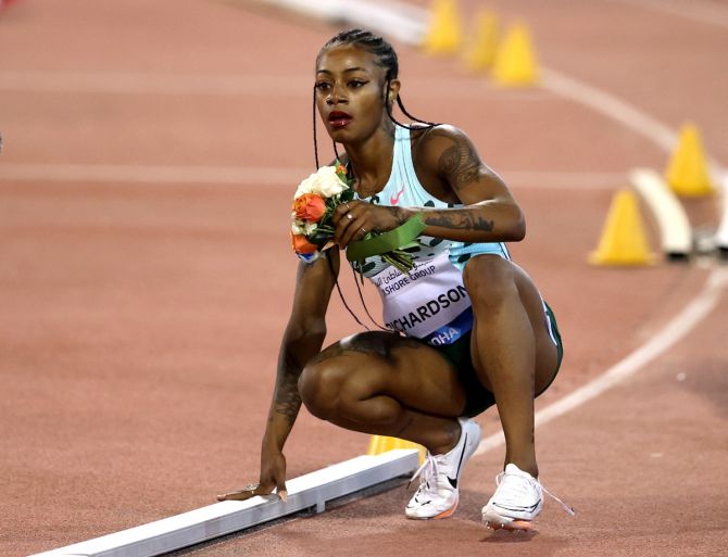 Sha'Carri Richardson of the United States poses for the cameras after winning the women's 100 metres in the Doha Diamond League meeting, at Suheim bin Hamad Stadium, in Doha, Qatar, on Friday.