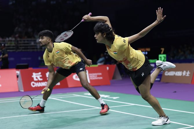 India's Prateek K. Sai and Tanisha Crasto in action against Yang Po-Hsuan and Hu Ling Fang of Chinese Taipei during the Mixed Doubles round-robin match on Day 1 of the Sudirman Cup, at the Suzhou Olympic Sports Center Gymnasium in Suzhou, China, on Saturday.