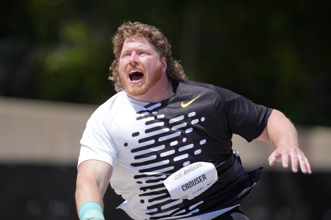 Ryan Crouser of the United States wins the shot put with a World record 77-3 3/4 (23.56m) during the USATF Los Angeles Grand Prix at Drake Stadium. 