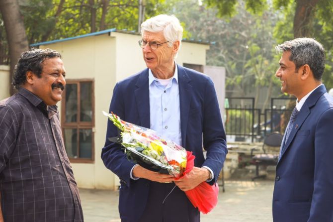 AIFF President Kalyan Chaubey and Satyanarayan M, Acting SG, AIFF, welcome Arsene Wenger, Chief of Global Football Development, FIFA and FIFA TDS Team at the Football House in New Delhi on Monday