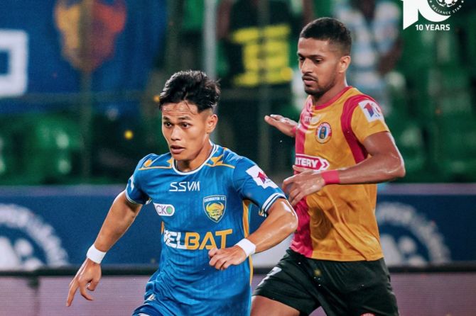 Action from the game between Chennaiyin FC and East Bengal played in Chennai on Saturday