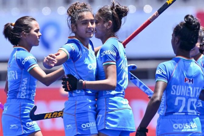 India players celebrate a goal against Canada during their opening match of the FIH Women's Junior World Cup in Santiago, Chile on Wednesday