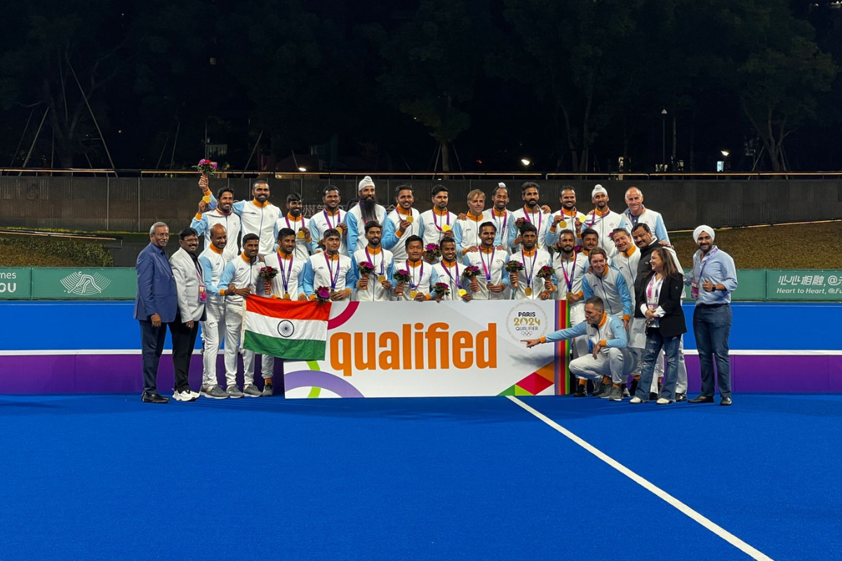 The Indian Hockey team celebrate after winning the gold and qualifying for the Paris Olympics